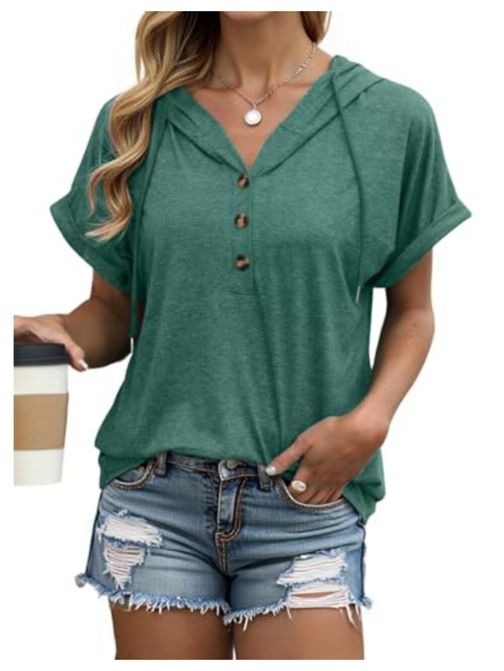 Oversized Short Rolled Sleeve Summer Hoodie Henley Button Tunic Top Loose Fit